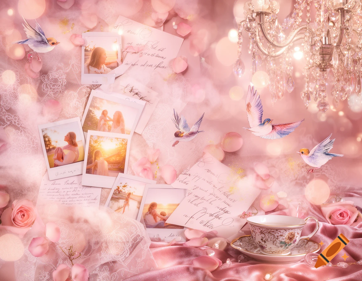 Pink aesthetic collage with vintage photos, paper, flowers, birds, a teacup, and a crystal chandelier.