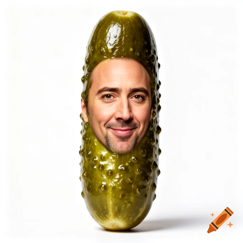 A smiling man's face is embedded into a realistic green pickle, set against a plain white background.