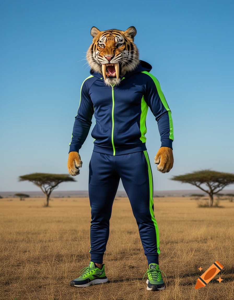 Photorealistic image of a saber-toothed tiger with a human body in a blue and neon green tracksuit, standing in a savanna.