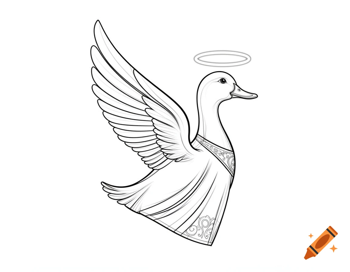 Black and white line art illustration of an angelic duck with wings and a halo, wearing a decorative garment.
