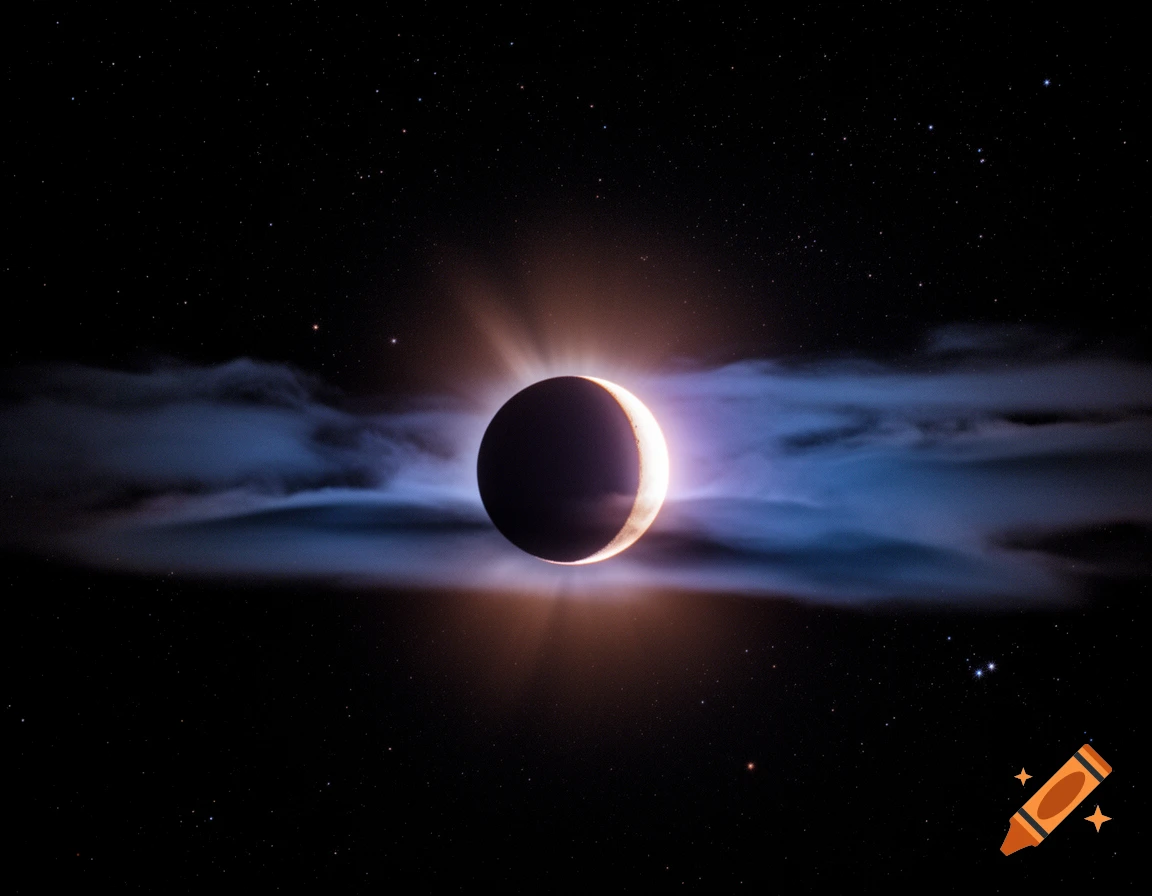 A crescent-shaped eclipse with a bright golden glow in a dark, star-filled sky, surrounded by ethereal blue and purple clouds.