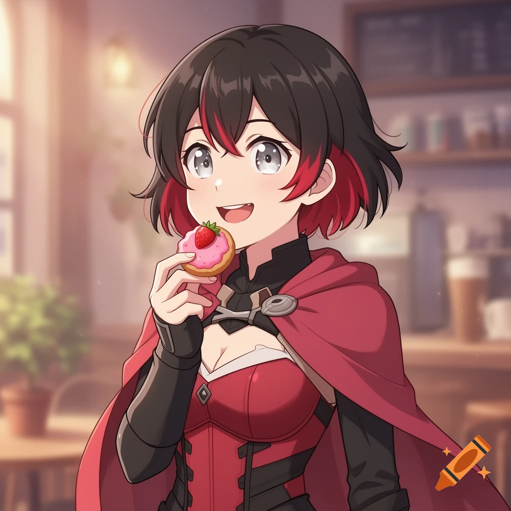 Anime-style Ruby Rose smiling while eating a strawberry cookie in a cafe.