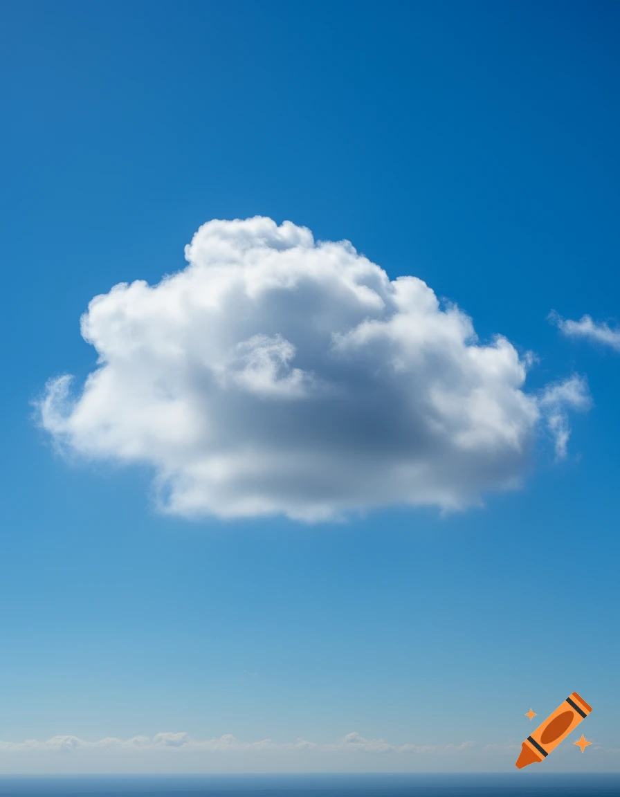 A large white cumulus cloud floats in a vibrant blue sky above a calm ocean horizon.