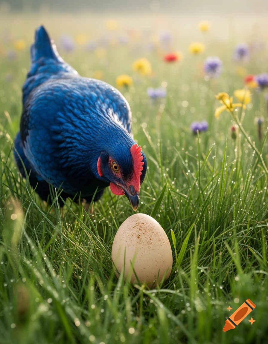 A vibrant blue chicken with a red comb peers down at a single egg nestled in dewy green grass with wildflowers.