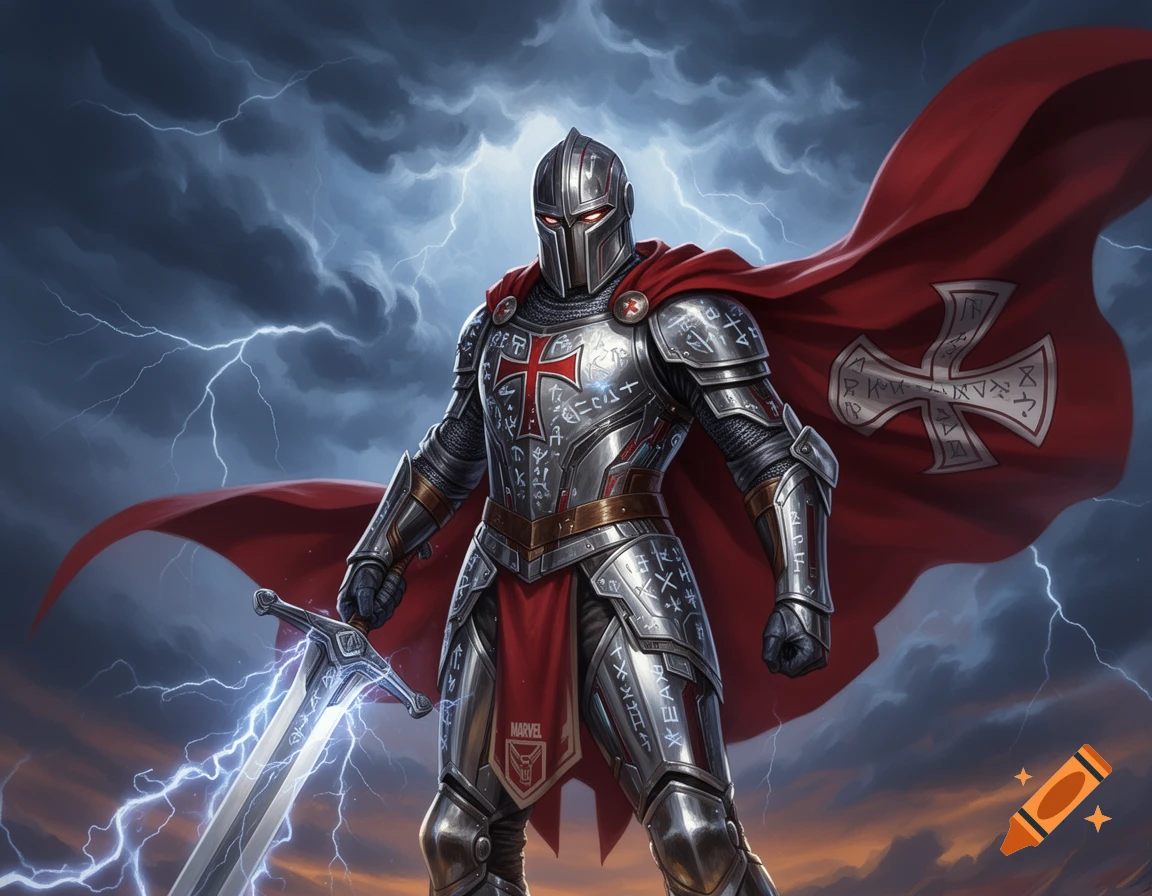 A heavily armored Templar knight with a red cape, wielding a glowing sword, stands against a stormy, lightning-filled sky.