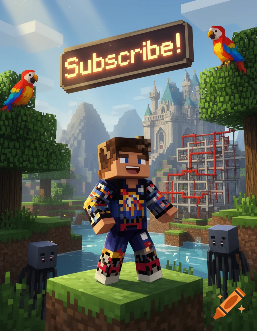 A Minecraft character in a colorful skin stands on a grassy block, with parrots, a river, a castle, and a floating 'Subscribe!' sign in a pixelated world.