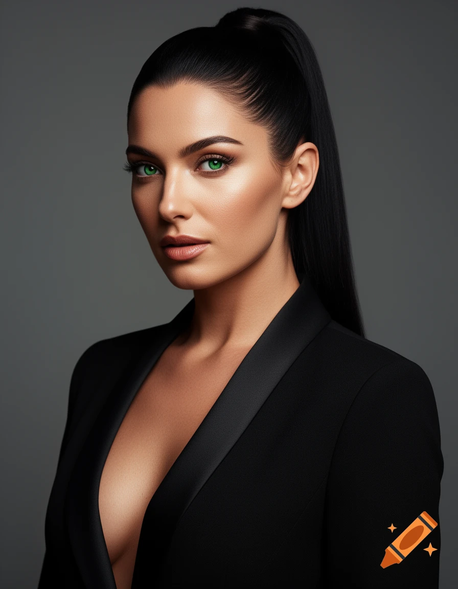 Photorealistic portrait of an elegant woman with a high ponytail, striking green eyes, and a confident expression, wearing a black blazer.