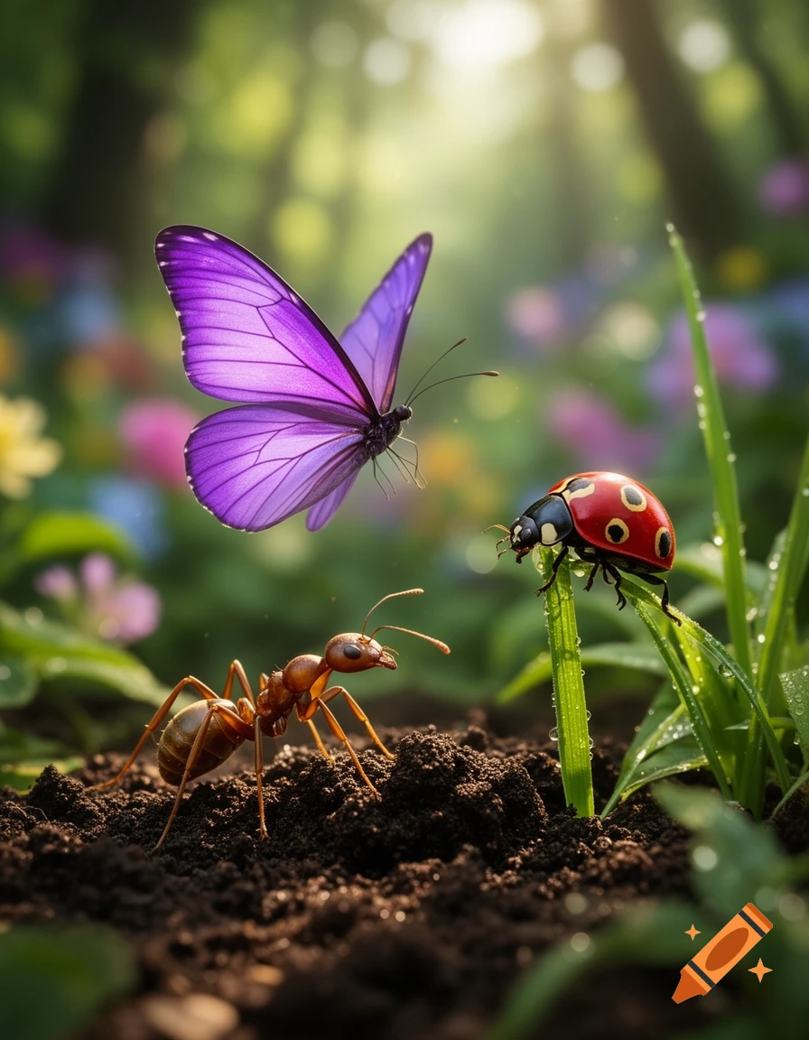 A vibrant purple butterfly flies above a red ladybug on a dew-covered blade of grass and a brown ant on dark soil in a sunlit garden.