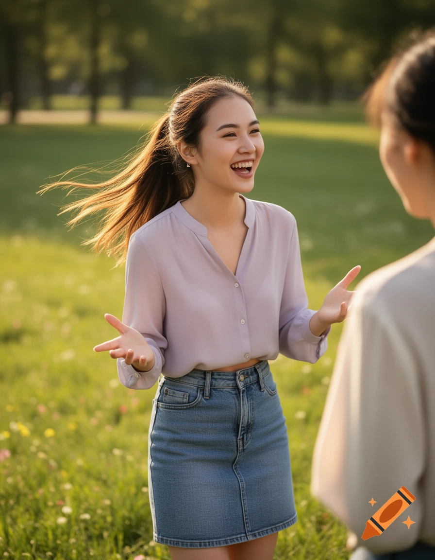 A smiling young woman with a ponytail in a lavender shirt and denim skirt talks animatedly in a sunny park.