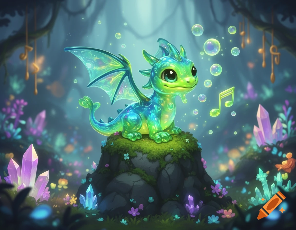 A cute, glowing green and blue slime dragon with transparent wings sits on a mossy rock in a magical forest with bubbles and musical notes.