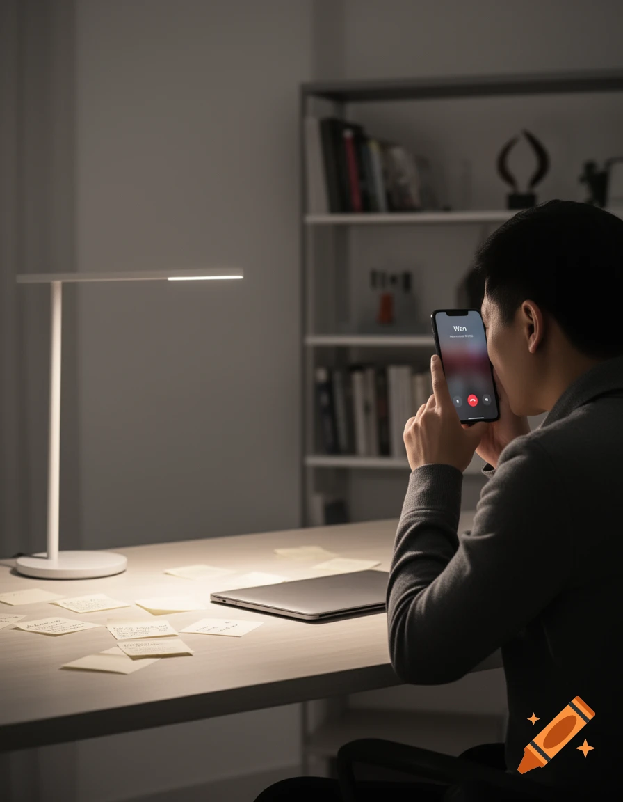 A person sits at a desk in a dimly lit room, holding a smartphone displaying an incoming call from "Wen." A desk lamp illuminates the workspace, which includes a laptop and numerous sticky notes.