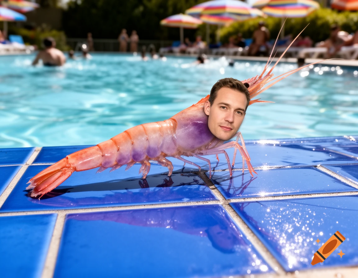 Photorealistic shrimp with a man's head on blue pool tiles next to a swimming pool with people.