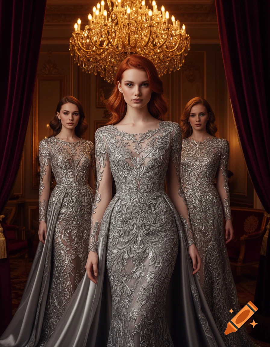 Three red-haired women in elaborate silver gowns stand under a golden chandelier in a luxurious room.