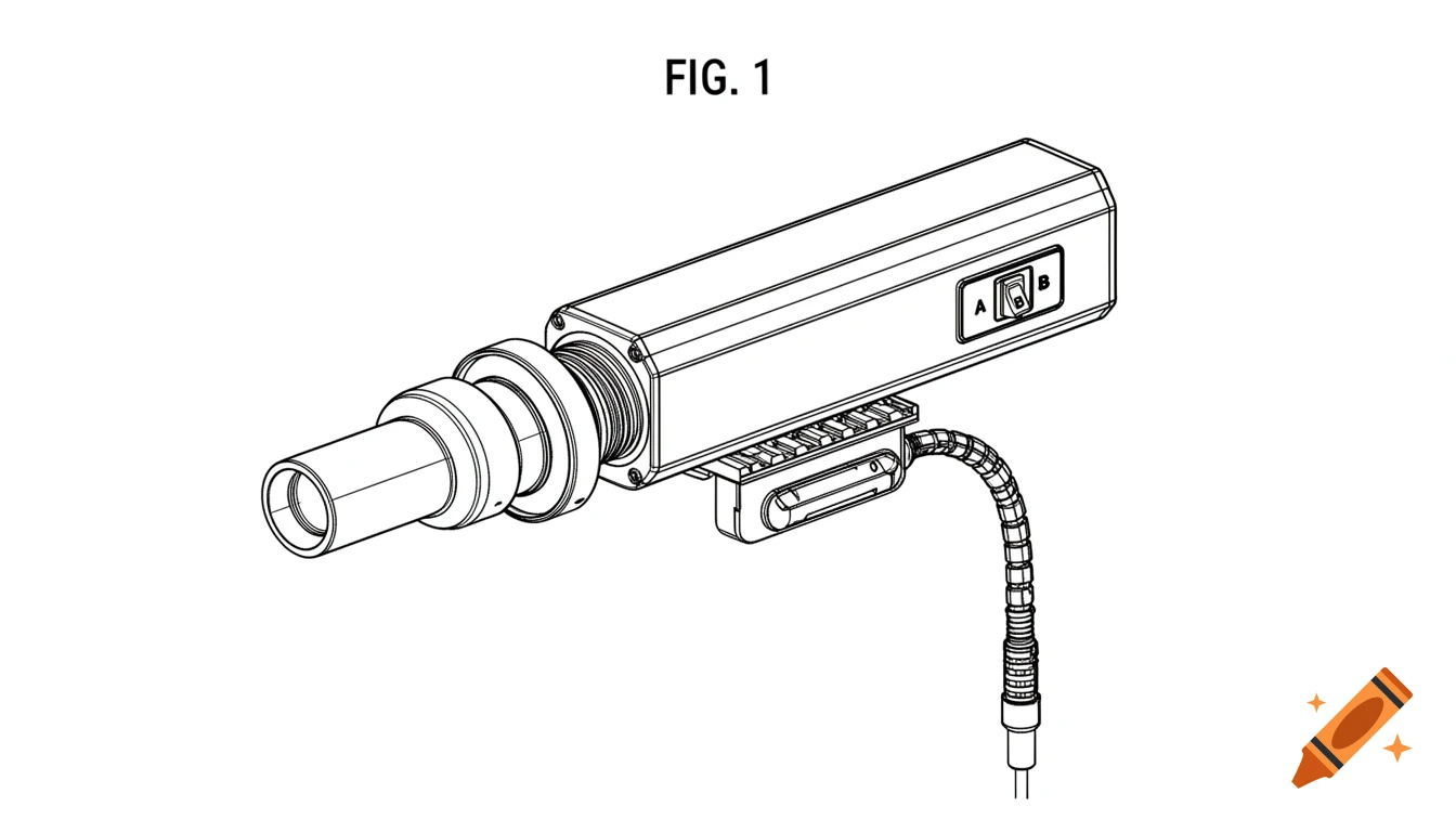 Black-and-white line art patent drawing labeled 'FIG. 1' of an elongated modular device with a barrel, switch, and flexible cable.