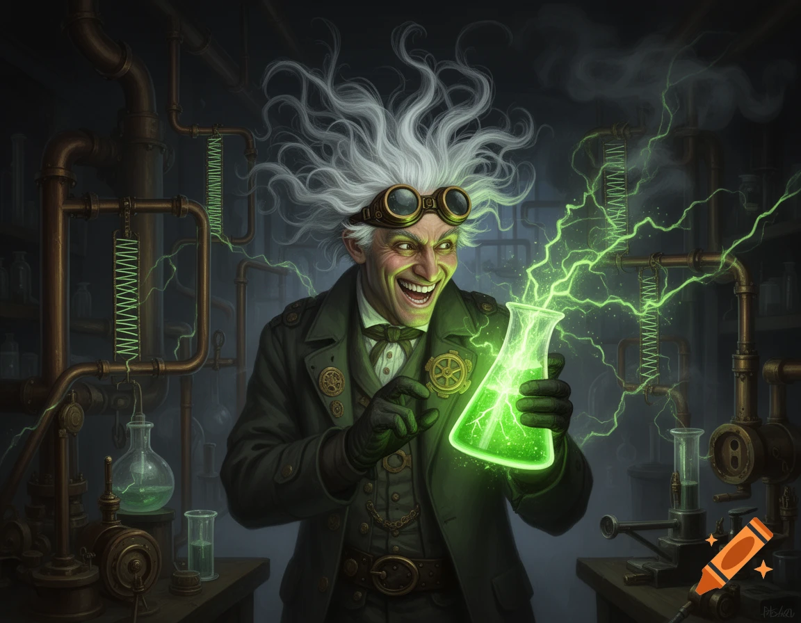 A manic mad scientist with wild white hair, brass goggles, and a wide grin holds a glowing green beaker with electrical sparks in a Victorian laboratory.