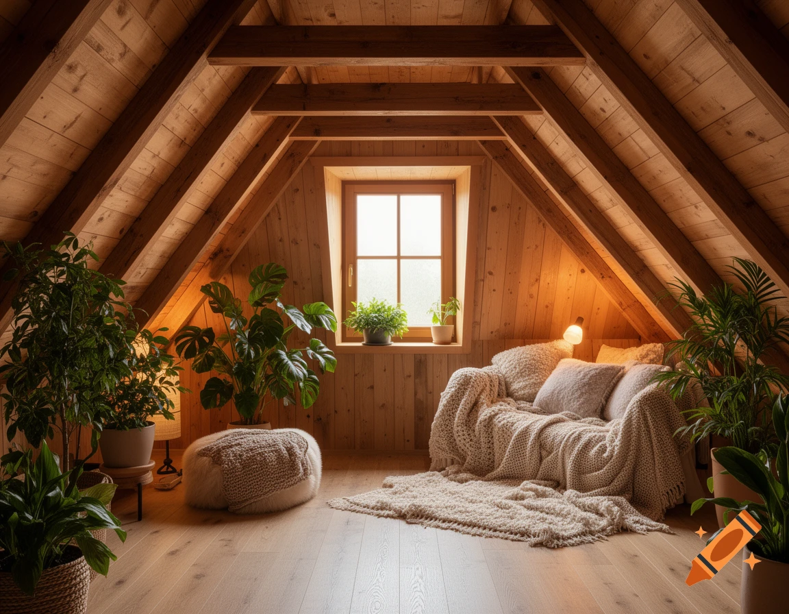 Cozy attic room with warm wooden walls, exposed beams, a window, a sofa with blankets, and numerous potted plants.