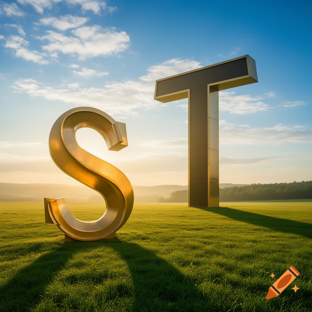 A large golden letter 'S' stands prominently in a green field, with a taller, darker letter 'T' in the background under a blue sky at sunset.