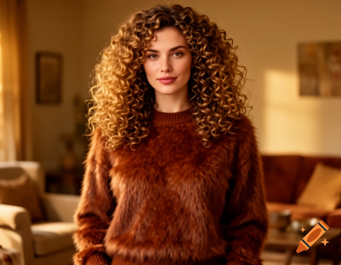 A woman with very curly, golden-brown hair wears a fuzzy brown sweater, looking at the viewer in an indoor setting.