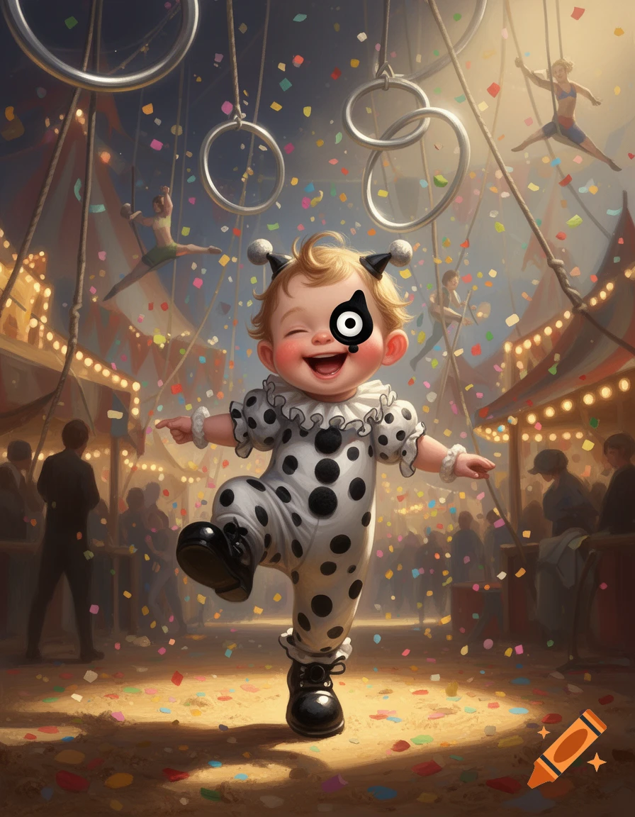 A cheerful baby clown with a distinctive black and white eye symbol dances at a lively circus with acrobats and confetti.