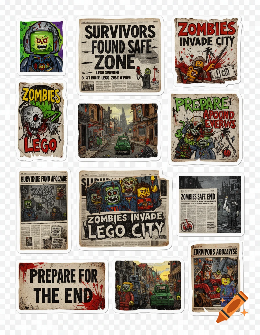 A collage of distressed stickers for a Lego zombie apocalypse, featuring newspaper headlines like "SURVIVORS FOUND SAFE ZONE" and "ZOMBIES INVADE LEGO CITY", posters with cartoonish Lego zombies, and street scenes.