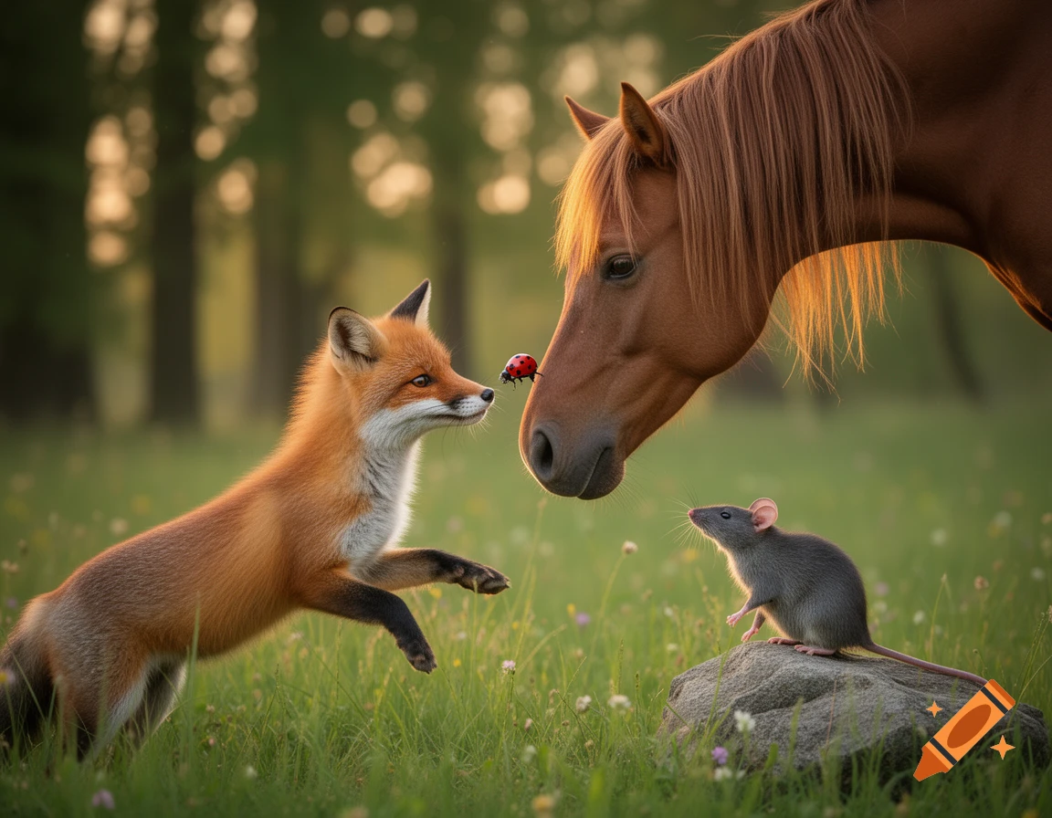A fox with a raised paw, a horse, a rat on a rock, and a ladybug interacting in a sunlit grassy field.