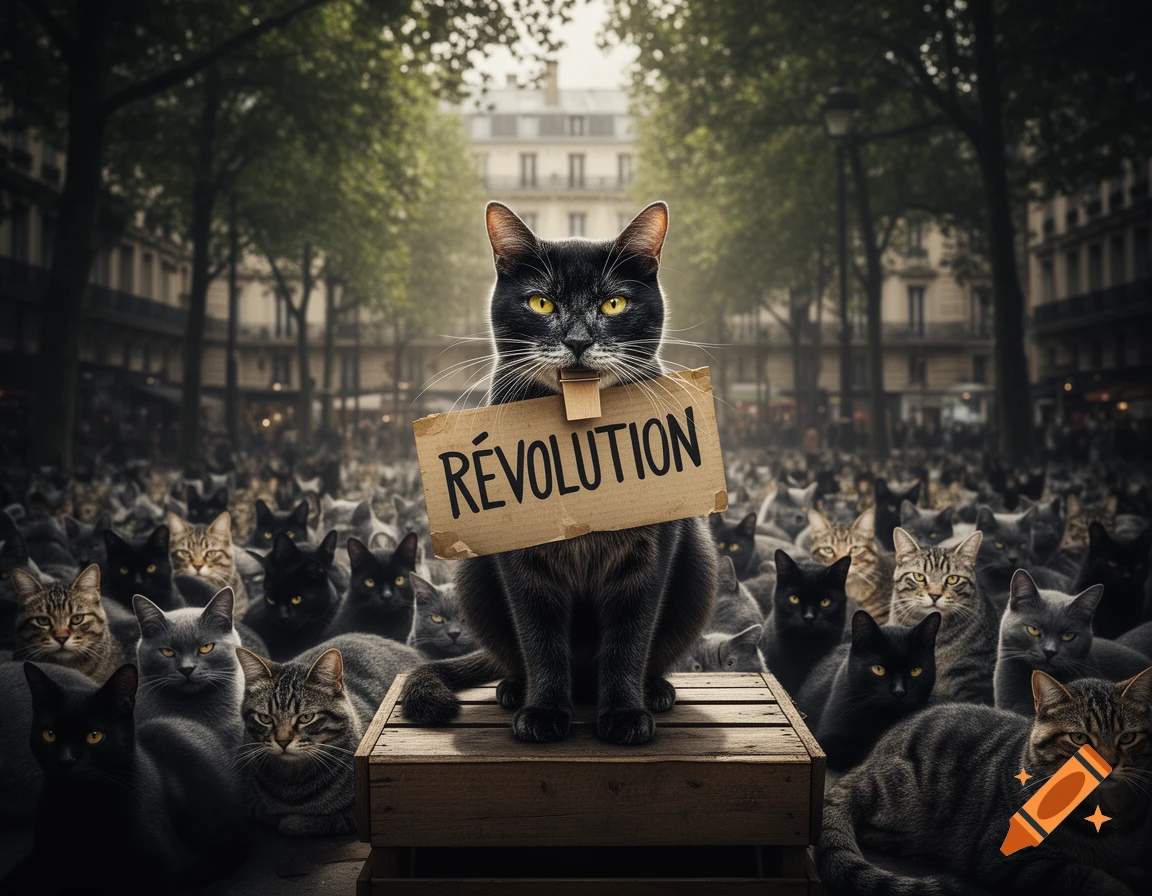 Photorealistic image of a black cat holding a R ÉVOLUTION sign, surrounded by a crowd of other cats in a city street.