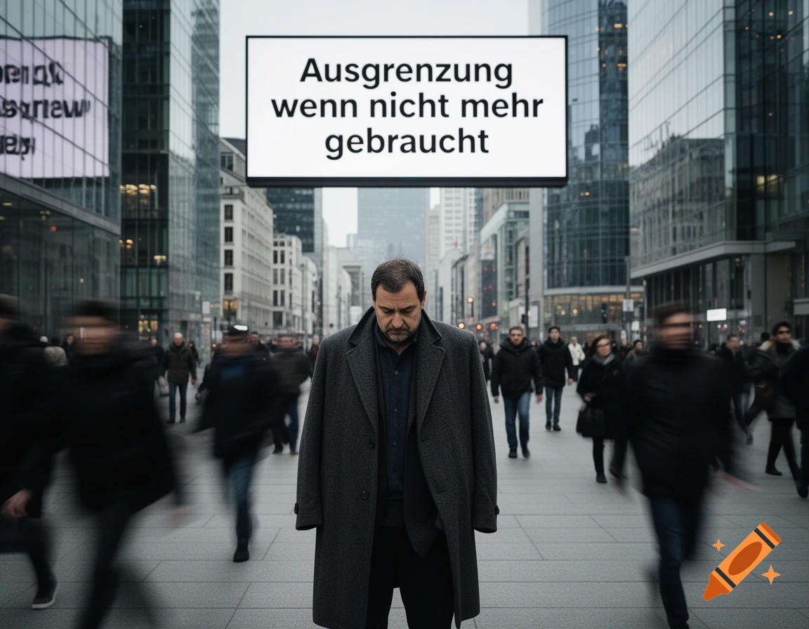 A man in a dark coat stands looking down amidst blurry crowds in a modern city street, a sign above him reads 'Ausgrenzung wenn nicht mehr gebraucht'.