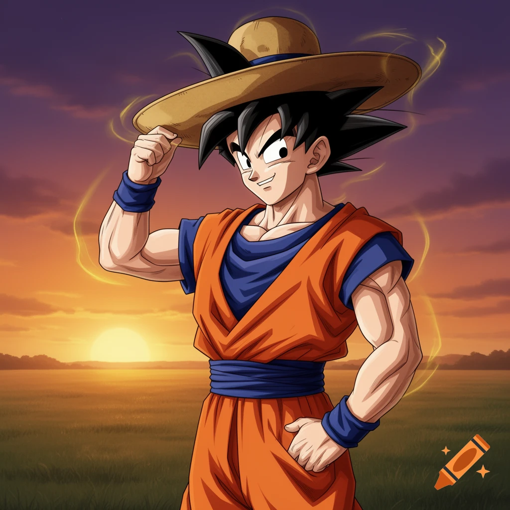 Anime style depiction of Goku in an orange gi and straw hat, standing in a field at sunset.