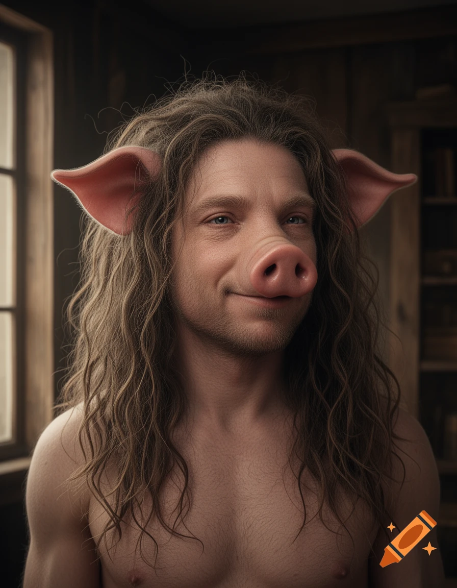 Photorealistic portrait of a shirtless man with long messy hair, blue eyes, and pig-like snout and ears, smiling slightly.