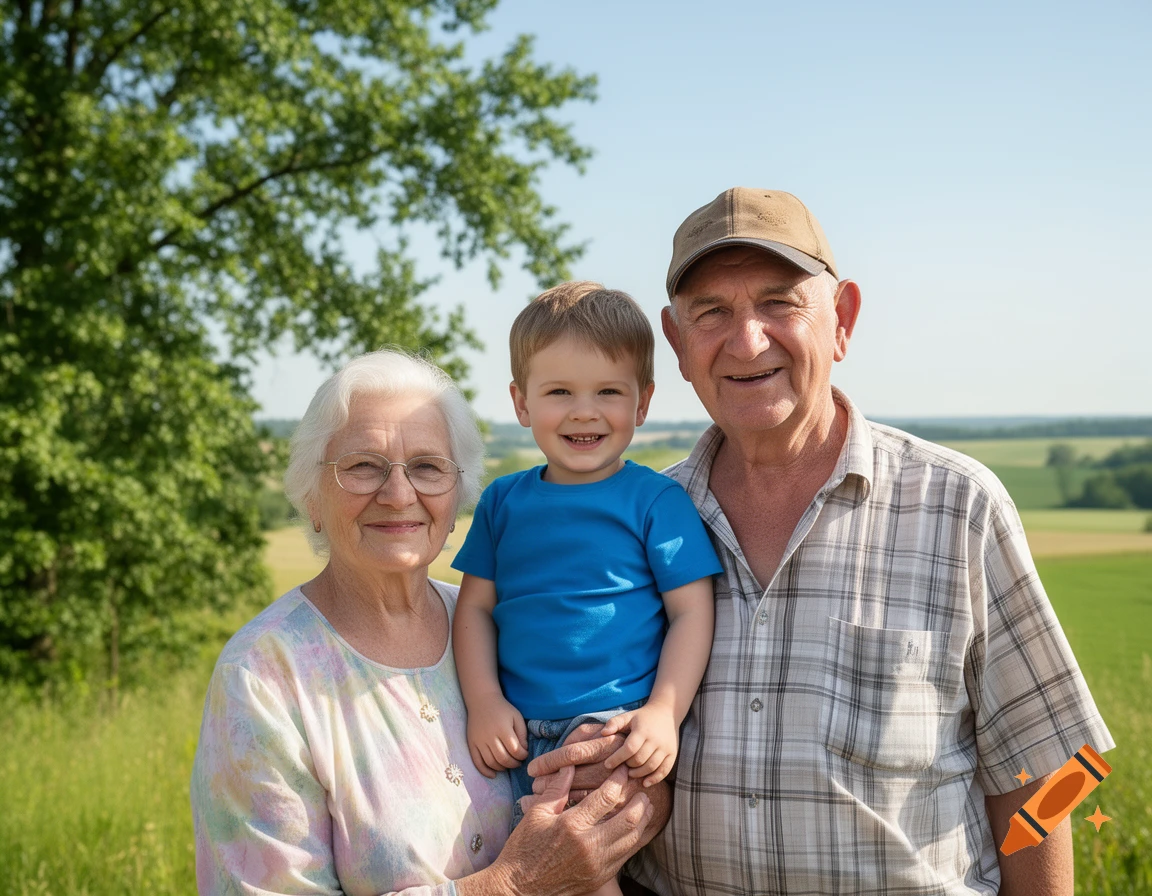 An elderly woman and man, smiling, hold a young boy who is also smiling, against a backdrop of green trees and fields on a sunny day.