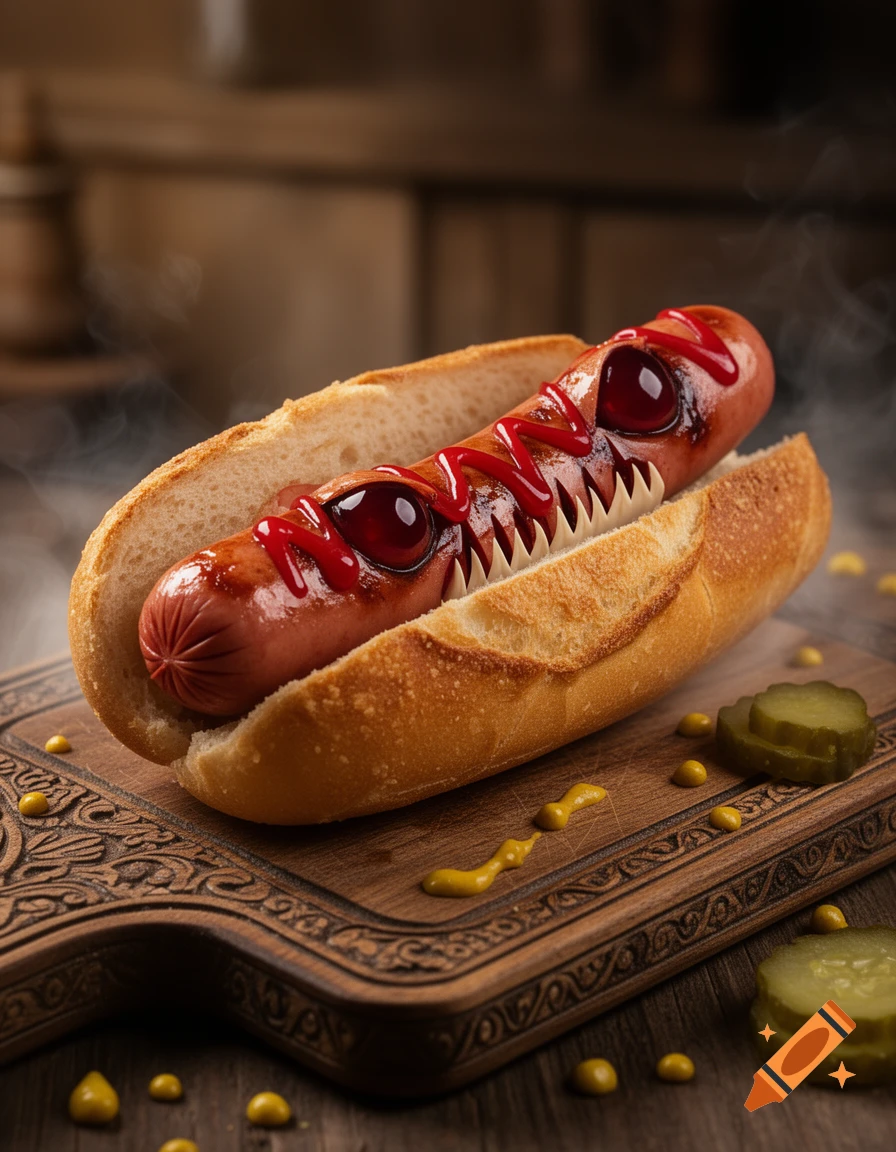 Photorealistic scary hot dog with red eyes and sharp teeth, drizzled with ketchup and mustard on a wooden board with pickles.
