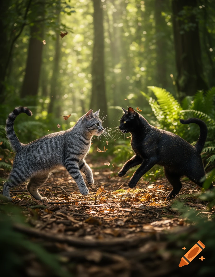 A tabby cat and a black cat appear to play or confront each other in a sunlit forest with fallen leaves.