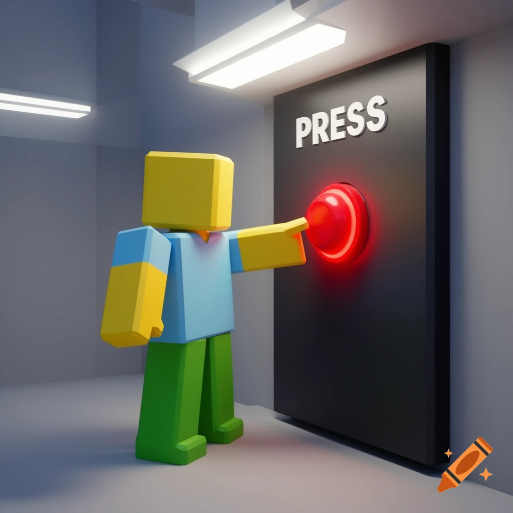 A blocky Roblox noob avatar reaches out to press a glowing red button on a dark panel labeled "PRESS" in a gray room.