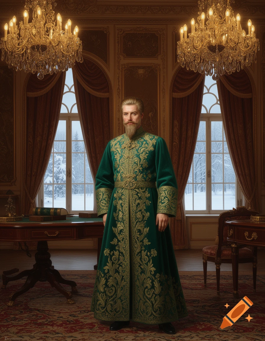 A man with a pointed beard in an ornate green and gold robe stands in a lavish room with chandeliers and snowy windows.