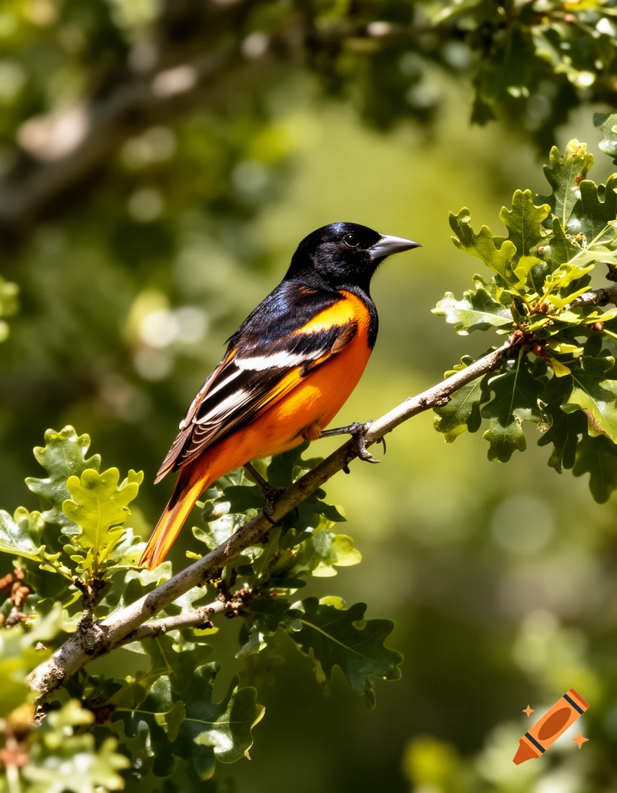 A vibrant Baltimore Oriole bird with black, orange, and white plumage perches on an oak tree branch amidst green leaves.