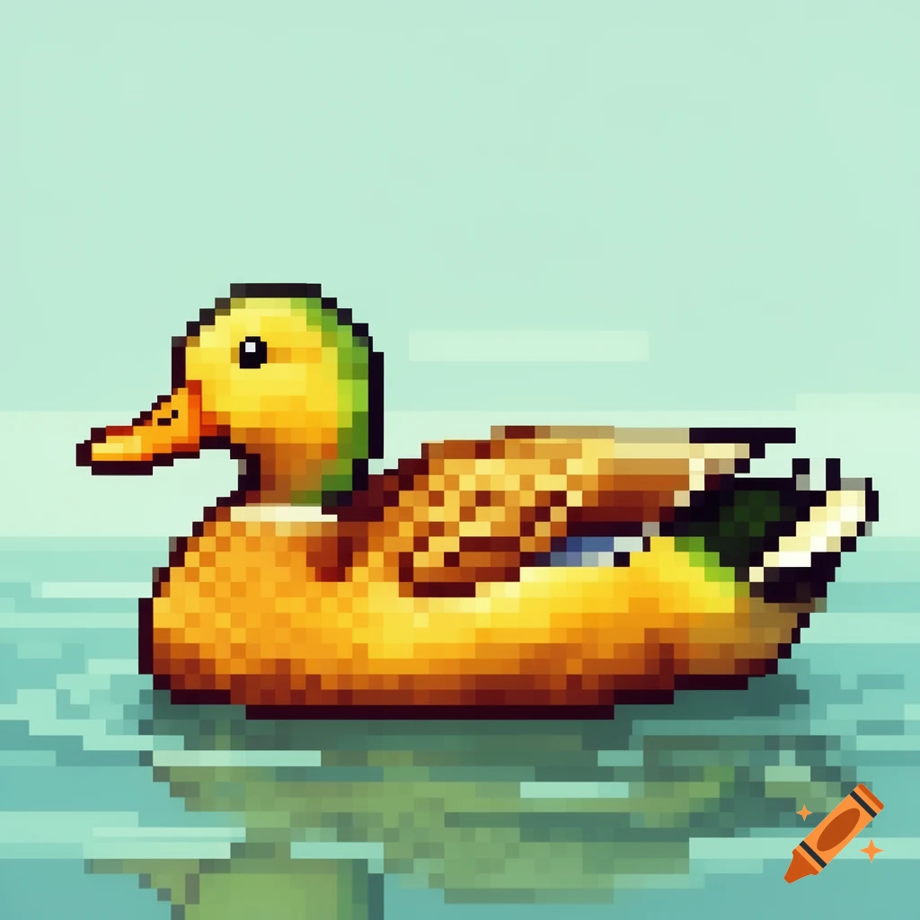 A pixelated mallard duck with a green head and brown body swims in light blue pixelated water, seen in a side profile.