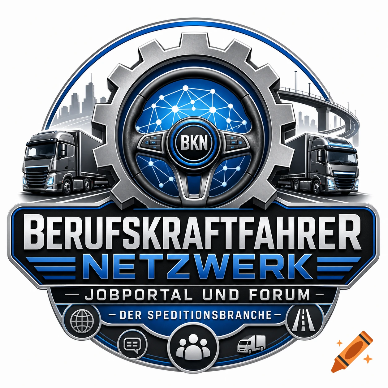 A blue and silver logo for a truck driver network, featuring a steering wheel, gear, semi-trucks, and text 'Berufskraftfahrer Netzwerk'.