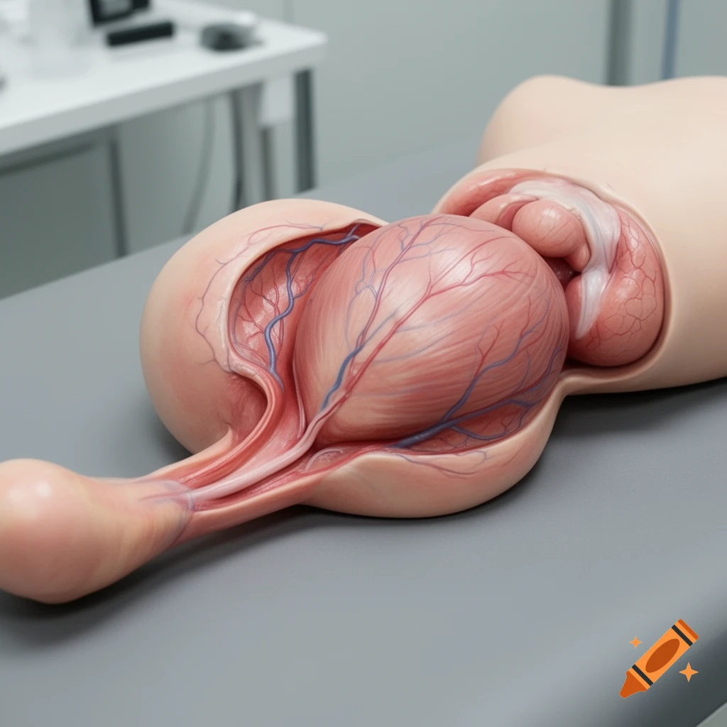 A detailed anatomical model of female reproductive and pelvic organs, with visible arteries and veins, lying on a grey surface.