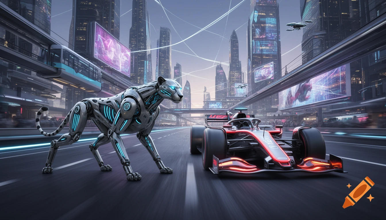 A sleek robot cheetah faces off against a red electric Formula 1 car on a futuristic city street with towering skyscrapers.