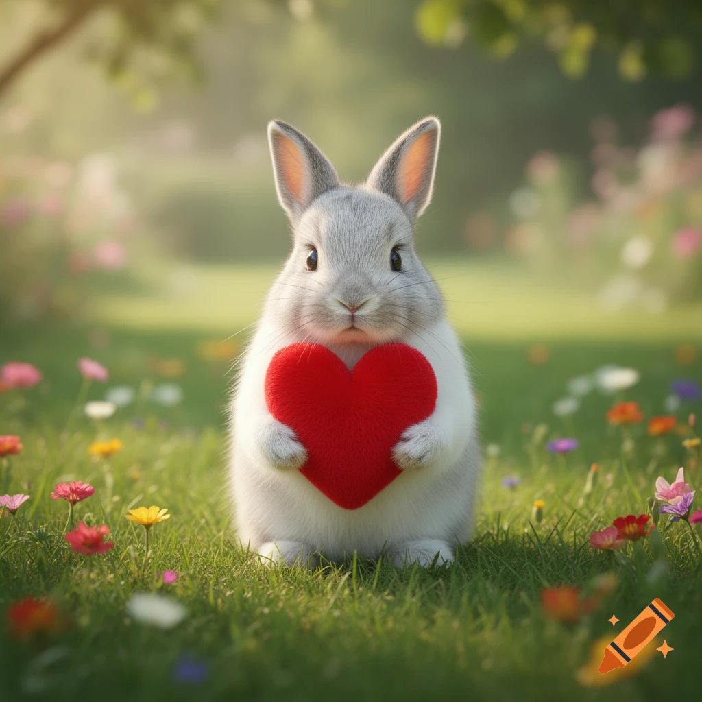 A fluffy gray and white bunny holds a red plush heart in a vibrant green field with colorful wildflowers.
