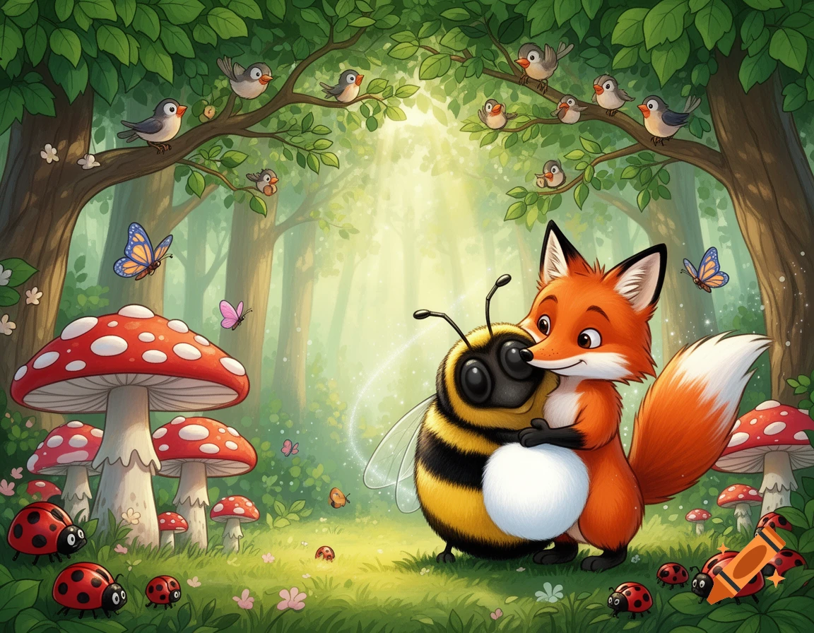 A cartoon fox lovingly hugs a large bee in a whimsical forest filled with red mushrooms, colorful butterflies, ladybugs, and birds.