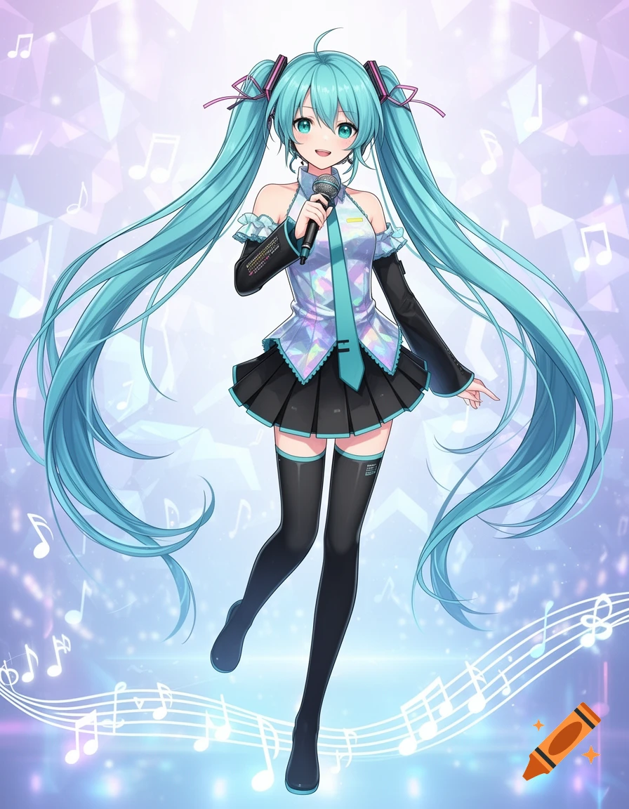 Hatsune Miku, an anime character with long turquoise pigtails, smiles and holds a microphone, standing on a stage with musical notes.
