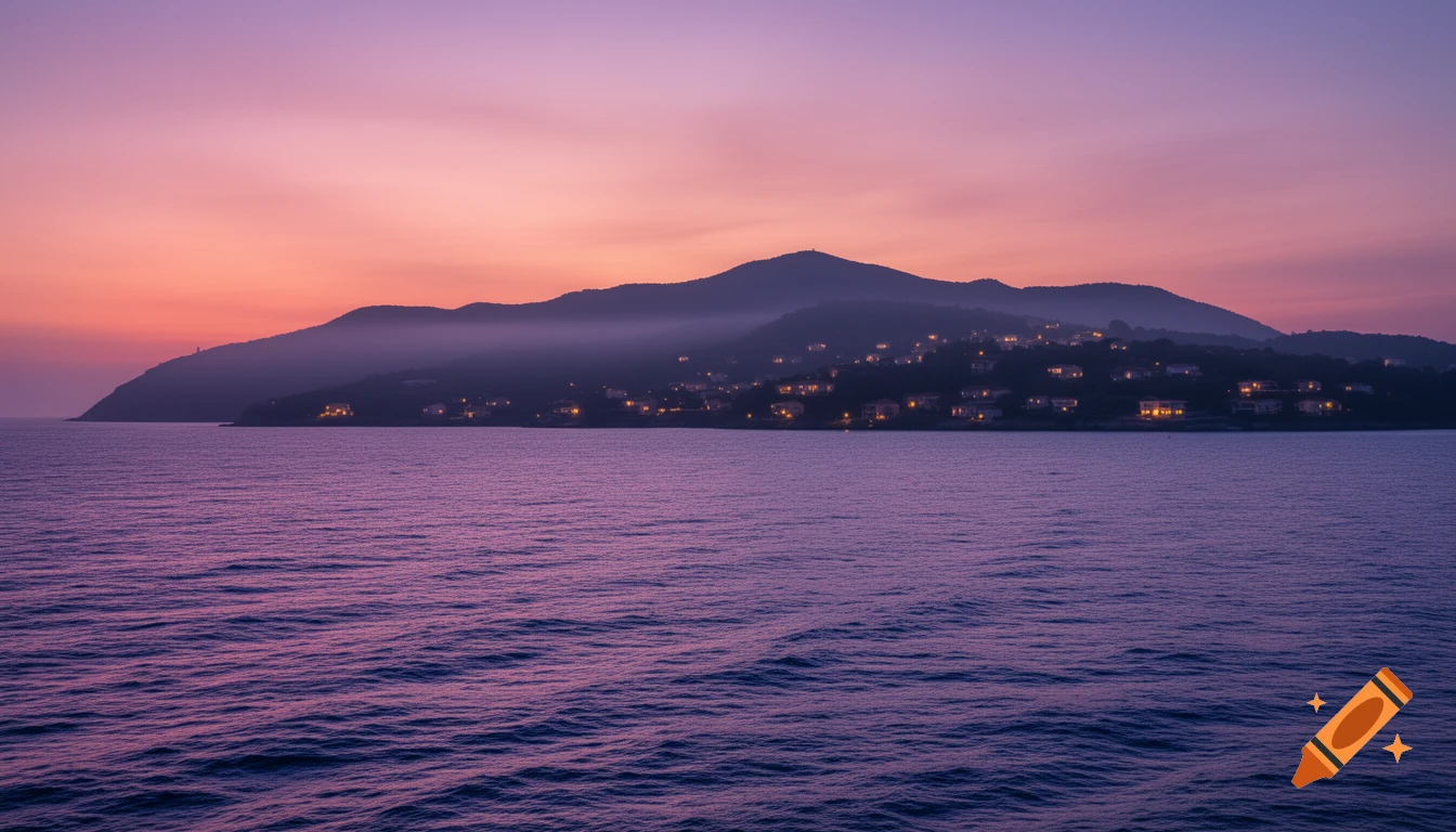 A tranquil seascape at dusk with an island featuring mountains and illuminated houses, under a purple and orange sky.