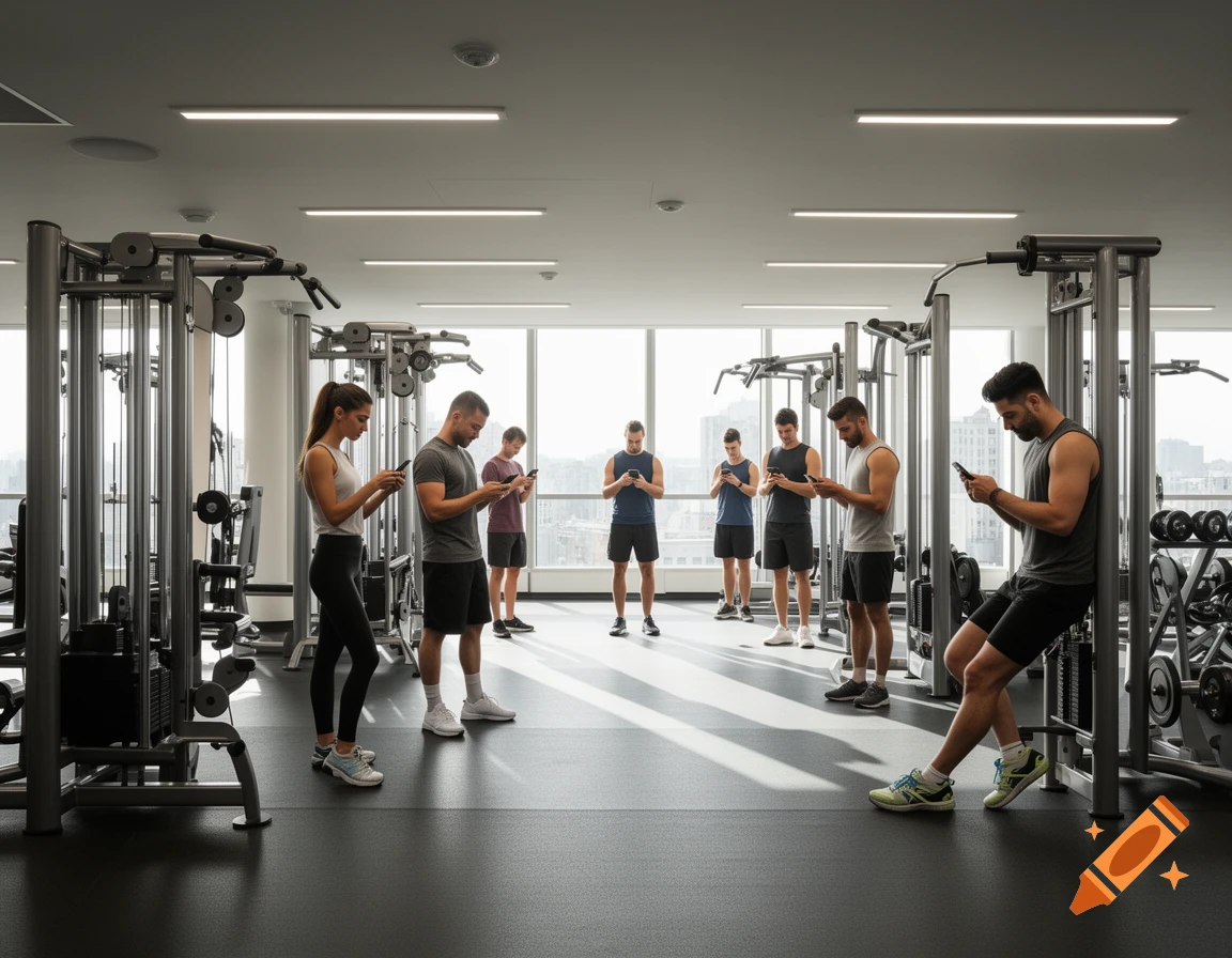 Seven people in a well-lit, spacious gym, all focused on their mobile phones instead of working out.