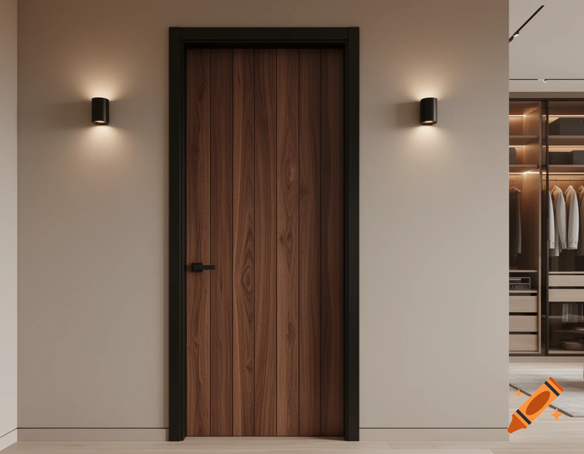 A modern dark wood panel door with a black frame and handle, flanked by two wall sconces, next to a contemporary closet.