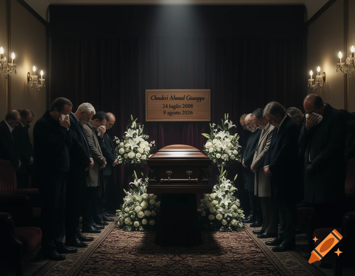 Photorealistic image of a funeral service with grieving men in suits surrounding a coffin adorned with white flowers, beneath a memorial plaque.