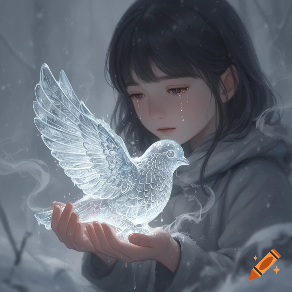 An anime-style illustration of a crying girl holding a luminous ice bird in a snowy setting.