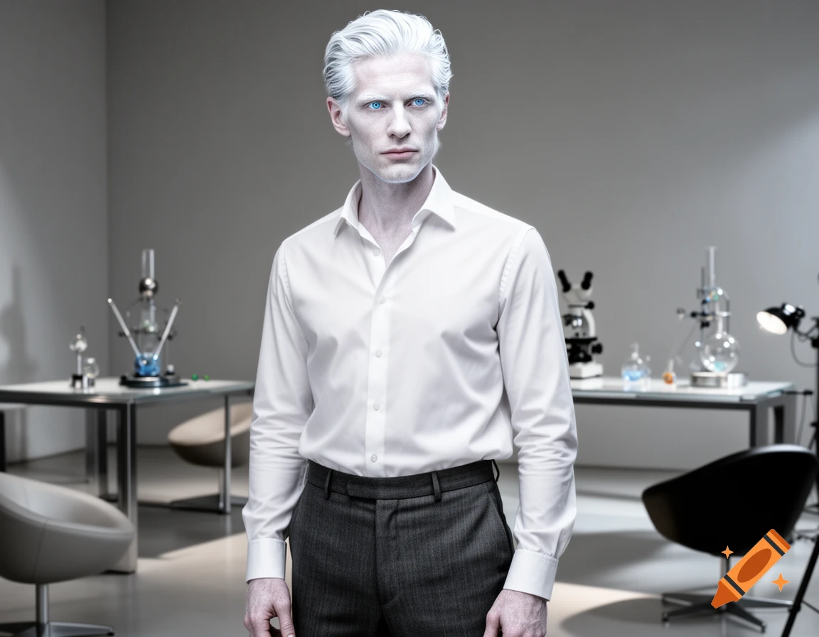 A man with white skin, white hair, and glowing blue eyes stands in a stark, modern laboratory.