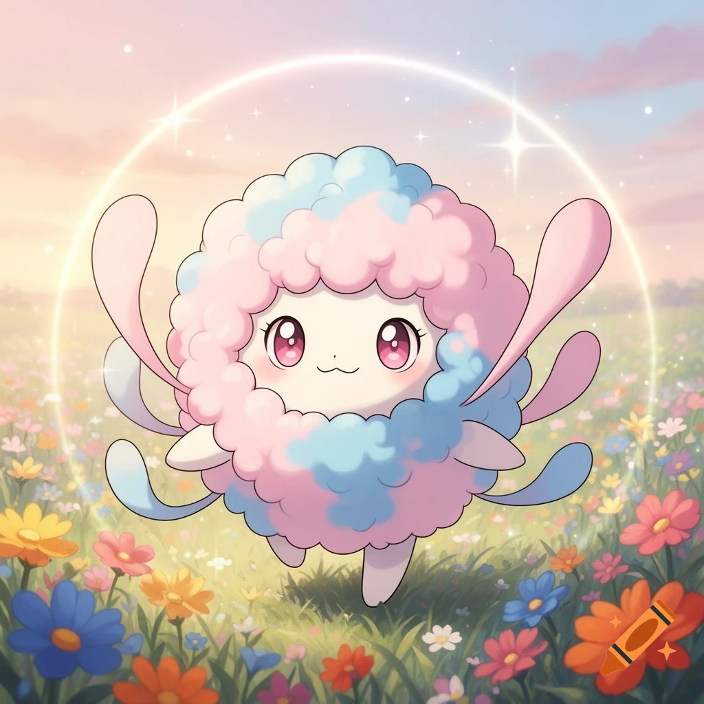 A cute, fluffy pink and blue cartoon creature with large eyes in a field of colorful flowers, with a glowing ring behind it.