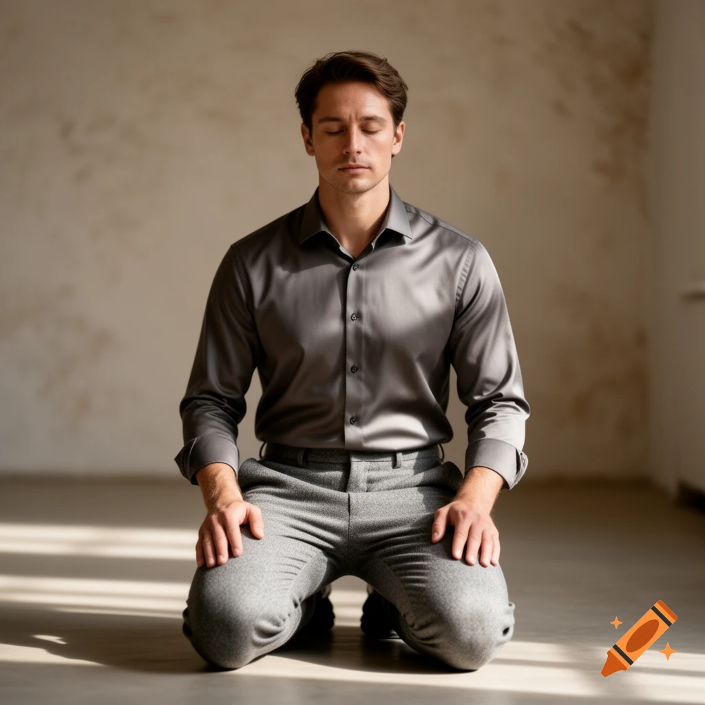 A man in a grey shirt and trousers kneels on a floor with eyes closed, seemingly meditating in a brightly lit room.